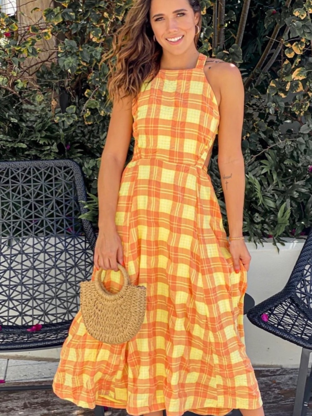 MABLE Orange and Yellow Plaid Midi Dress Small
